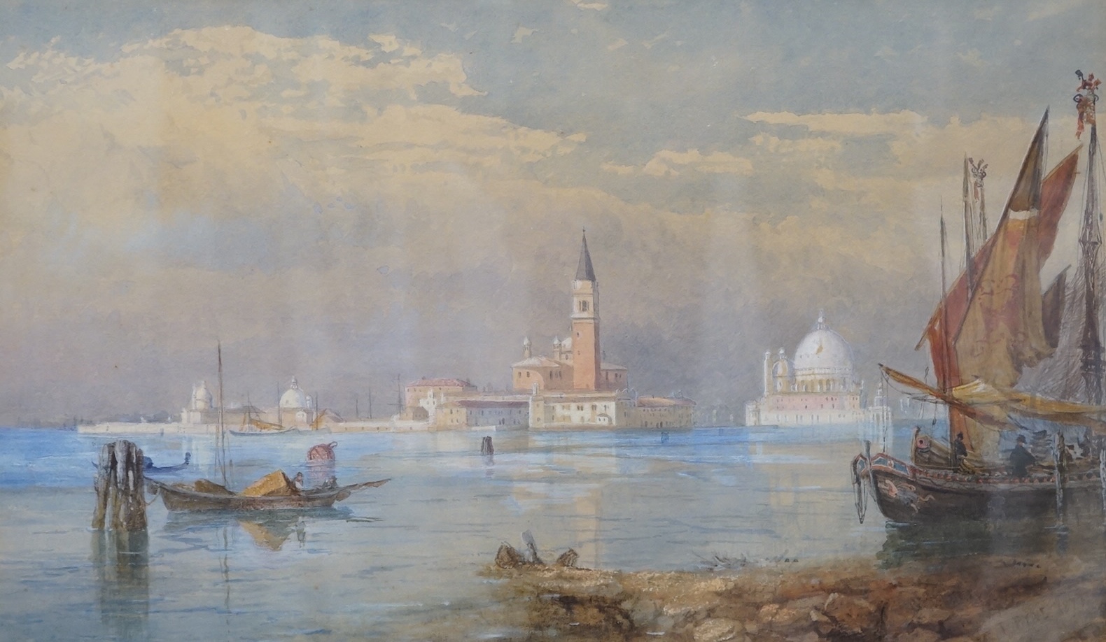 Thomas Pyne RI (1843-1935), heightened watercolour, View of Venice from the Lagoon, signed and dated 1877, 28 x 48cm